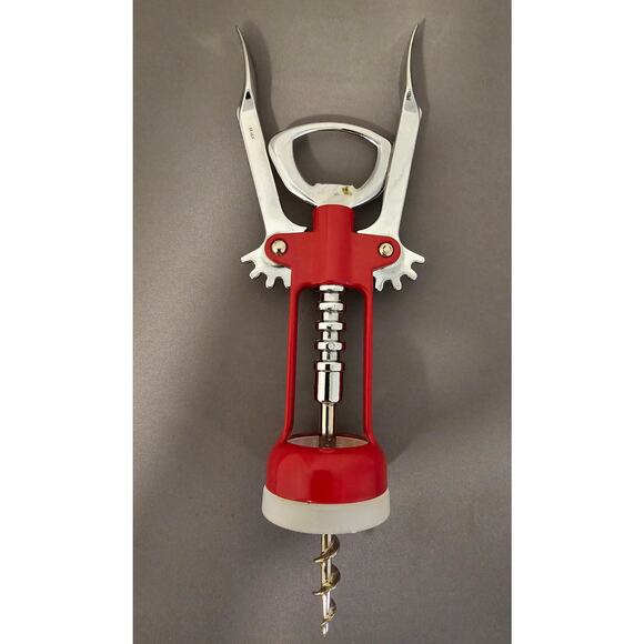 Red/Silver Corkscrew Wine Bottle Opener w/Fins - Push Down - 6-1/2" - Italy - Picture 9 of 9